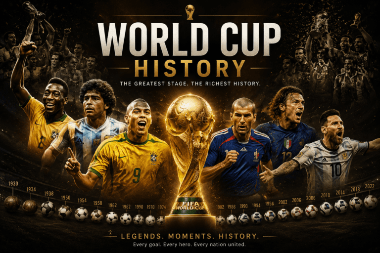 World Cup History timeline featuring FIFA World Cup winners and iconic football legends