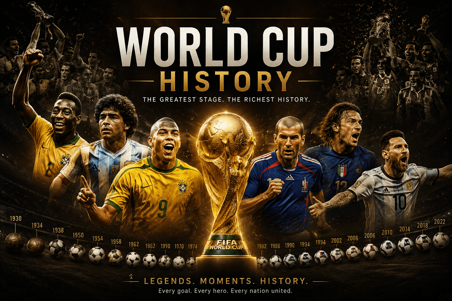 World Cup History timeline featuring FIFA World Cup winners and iconic football legends